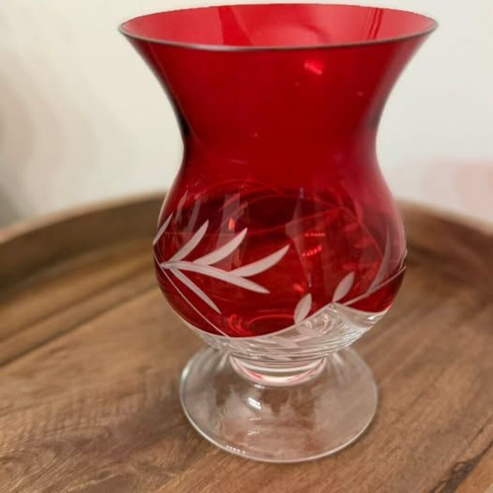Vintage Red Cut-to-Clear Glass Pedestal Vase